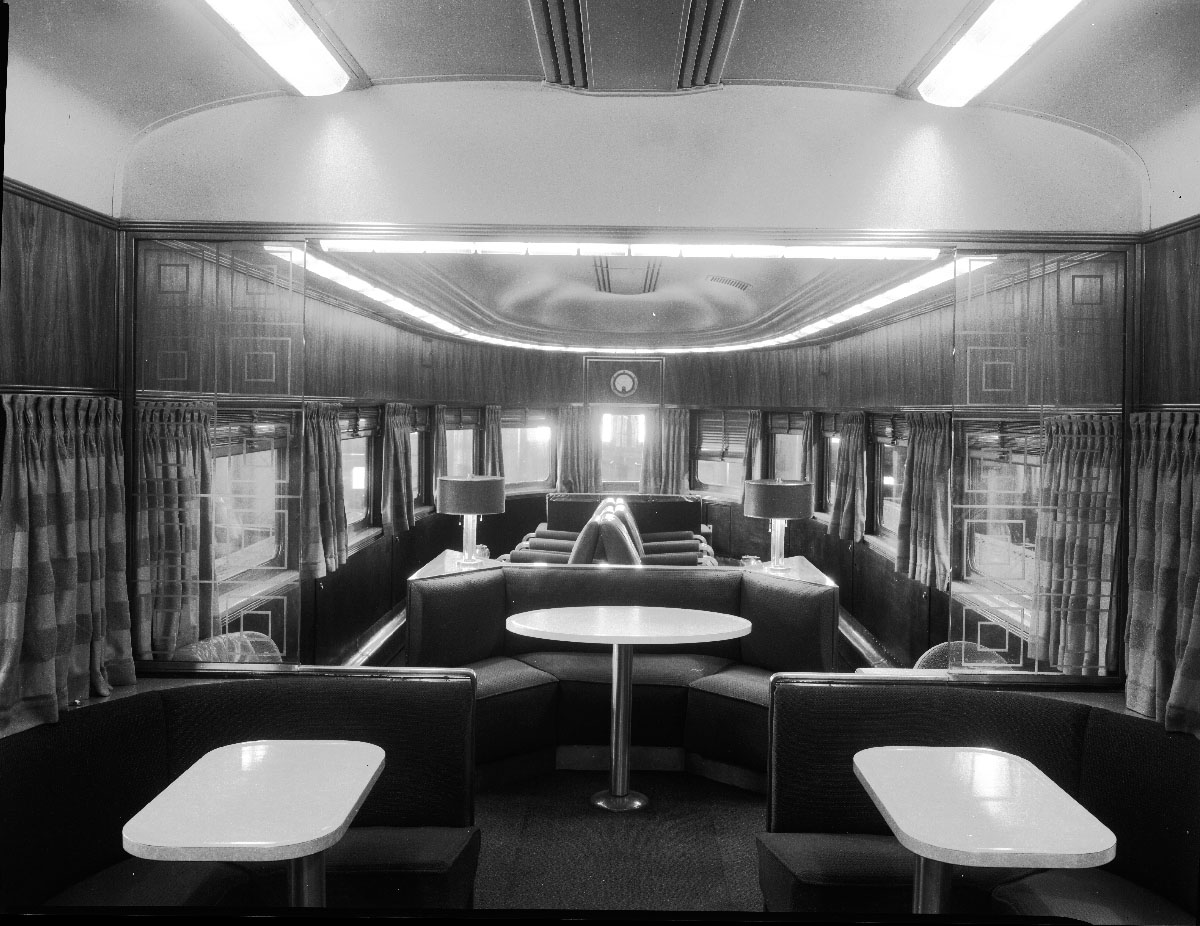 Interior, round-end of an observation car. B&O museum introduces restored 'Washington'.