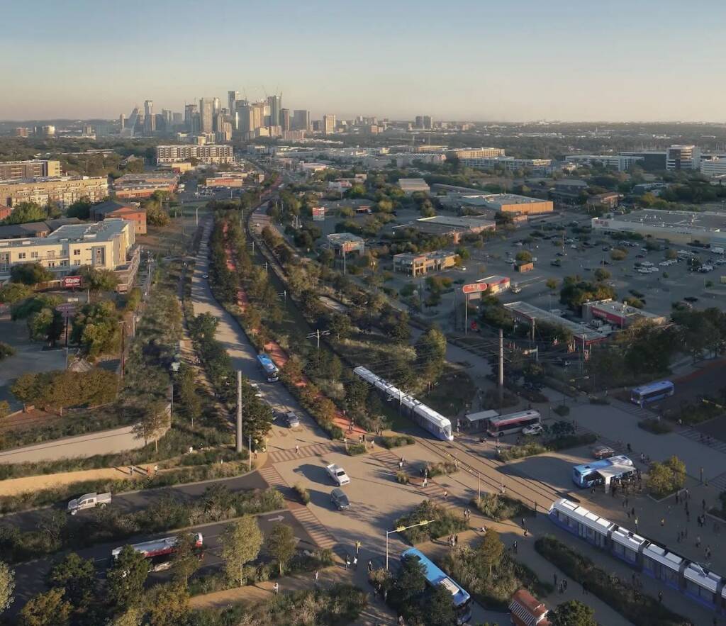Aerial view of Austin, Texas, with computer generated imagery of light rail line added