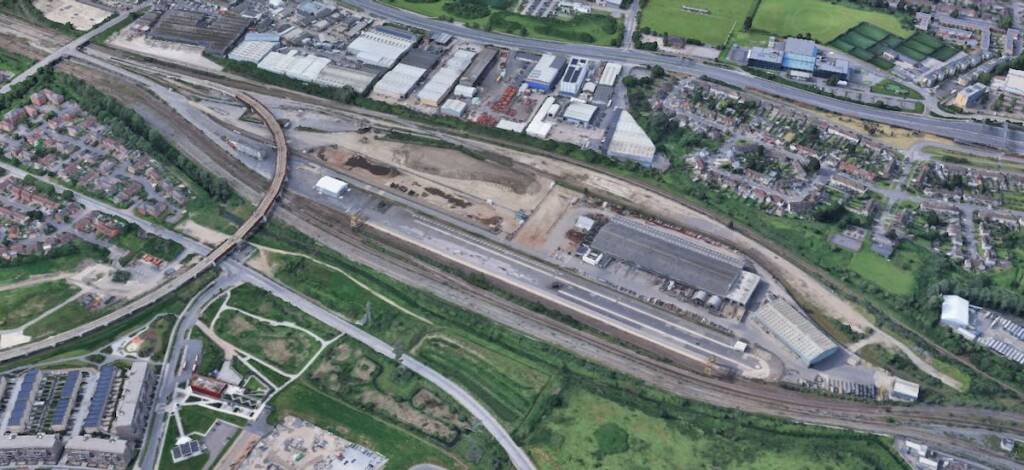 Aerial view of British rail freight terminal