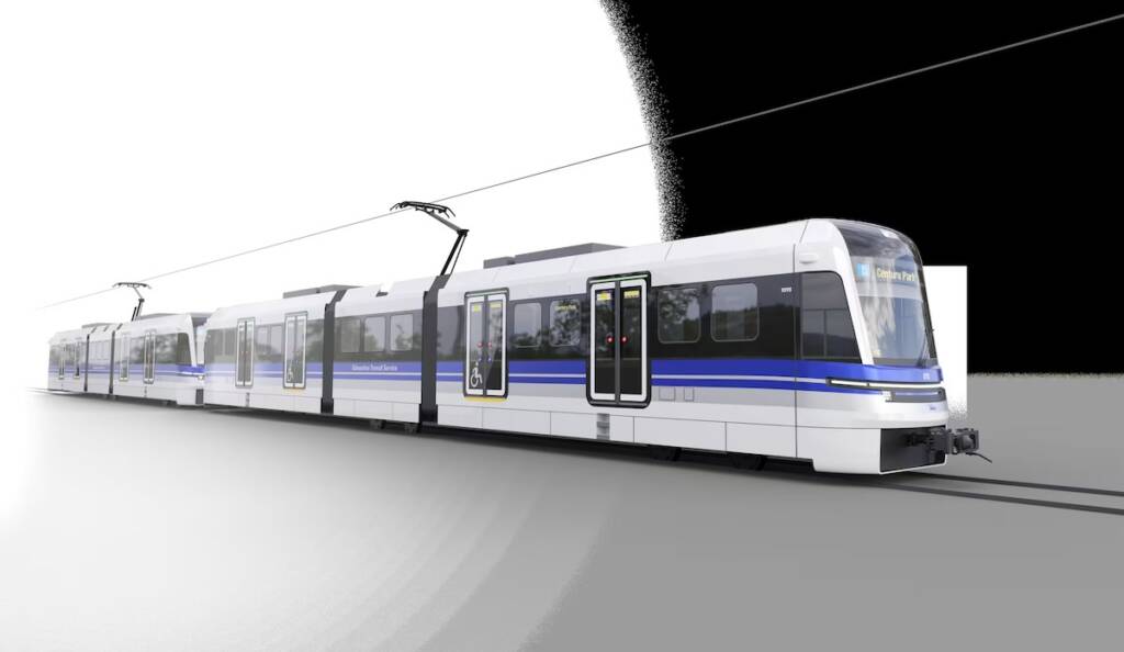 Rendering of white light rail trainset with blue and gray stripes. Hyundai Rotem to build new light-rail vehicles for Edmonton.