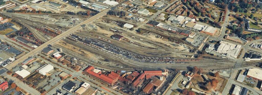 Aerial view of rail yard in Columbus, Ga.