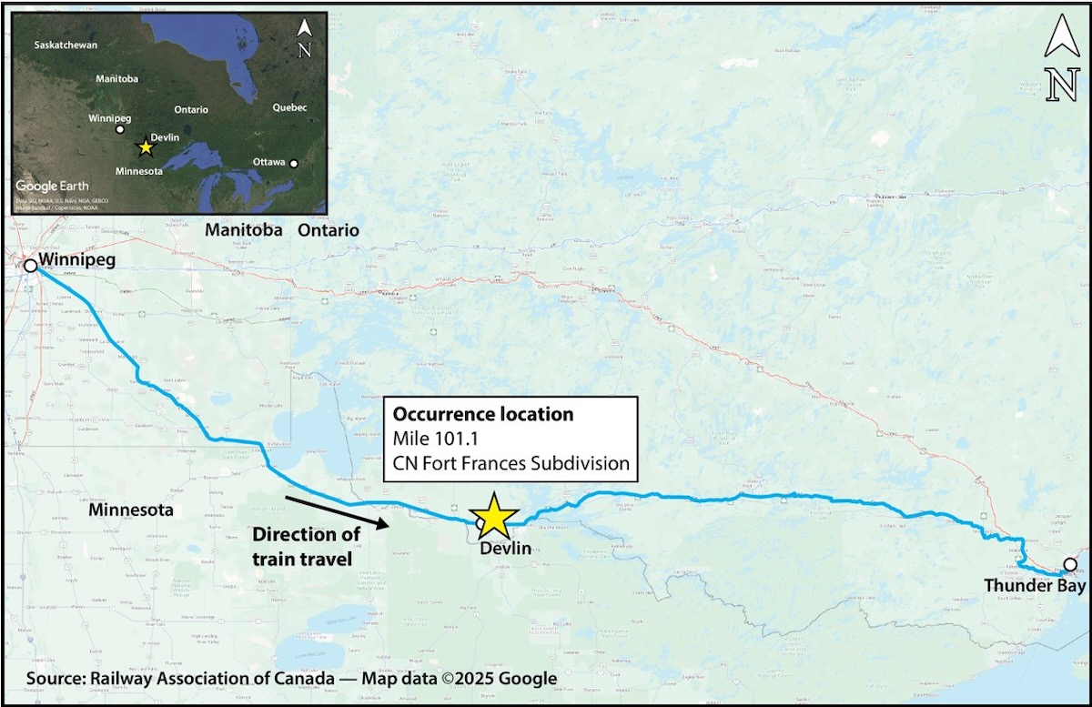 Map showing scene of derailment on Canadian National near Devlin, Ontario