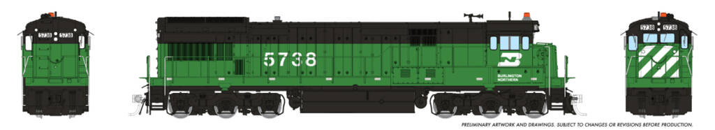 Color illustration showing HO scale General Electric six-axle locomotive painted green and black with white graphics on white background.
