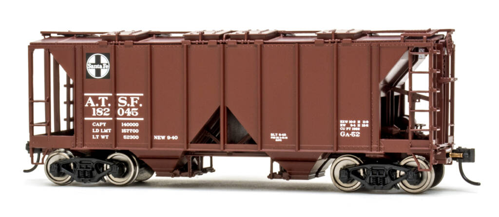 Color photo of HO scale two-bay covered hopper with exterior posts painted brown with black and white graphics on white background. 