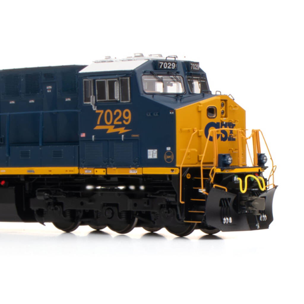 A navy blue and gold model locomotive
