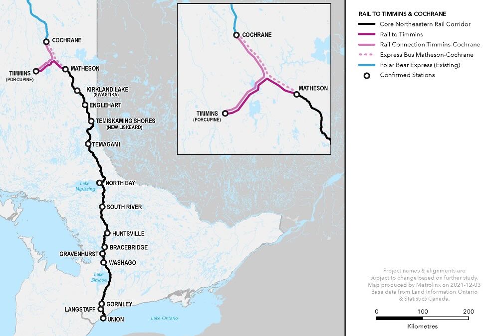 Map of rail route between Toronto and Cochrane, Ontario