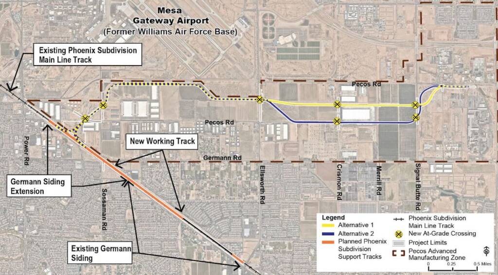 Map of proposed rail line near Phoenix-Mesa (Ariz.) Gateway Airport